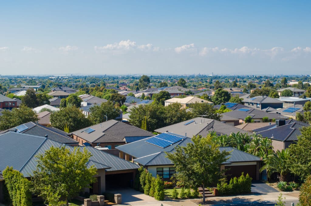 Aerial view of residential houses in Melbournes suburb.