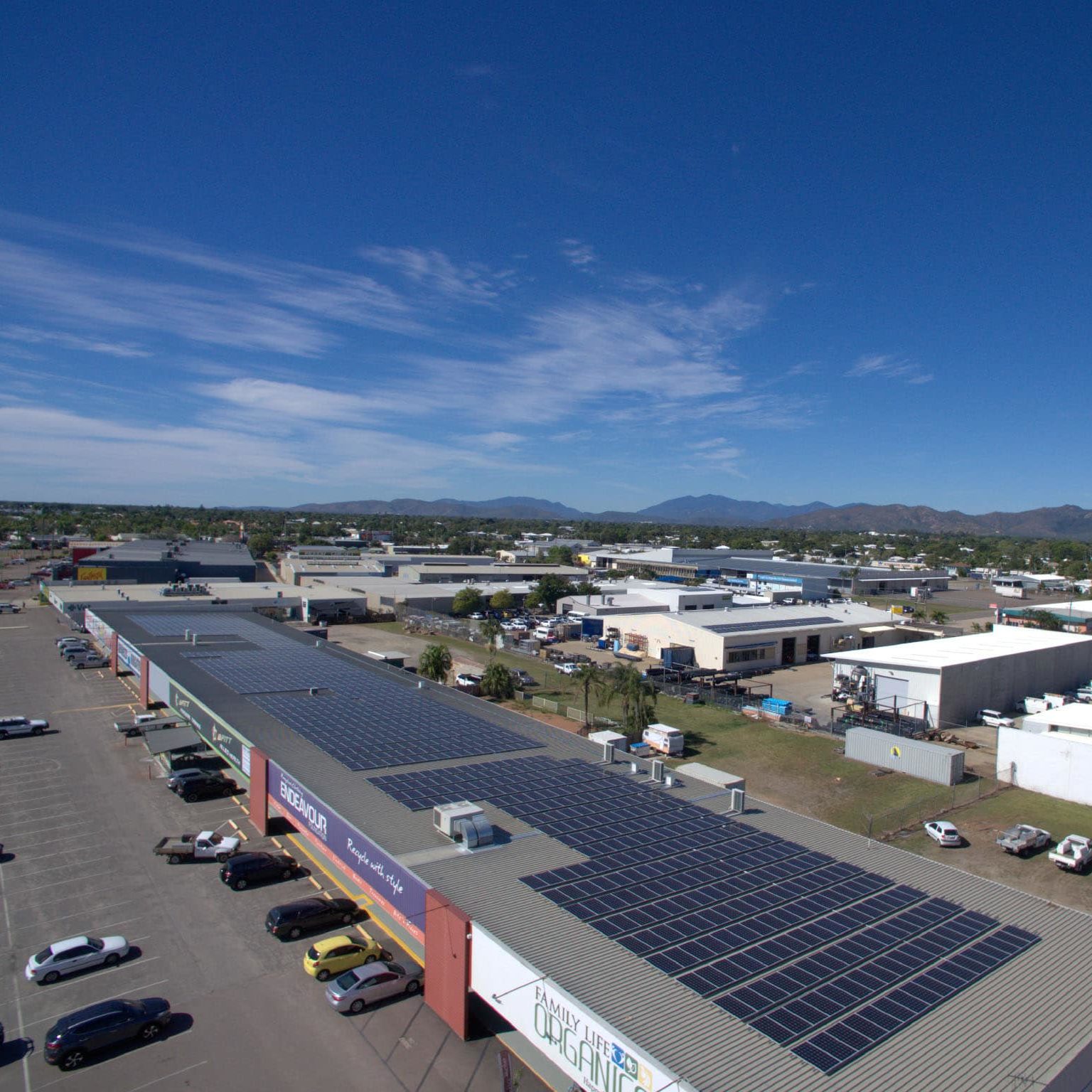 Aerial view of the Woolcock Street Centre showing the solar panel installation and panels totalling 300kW