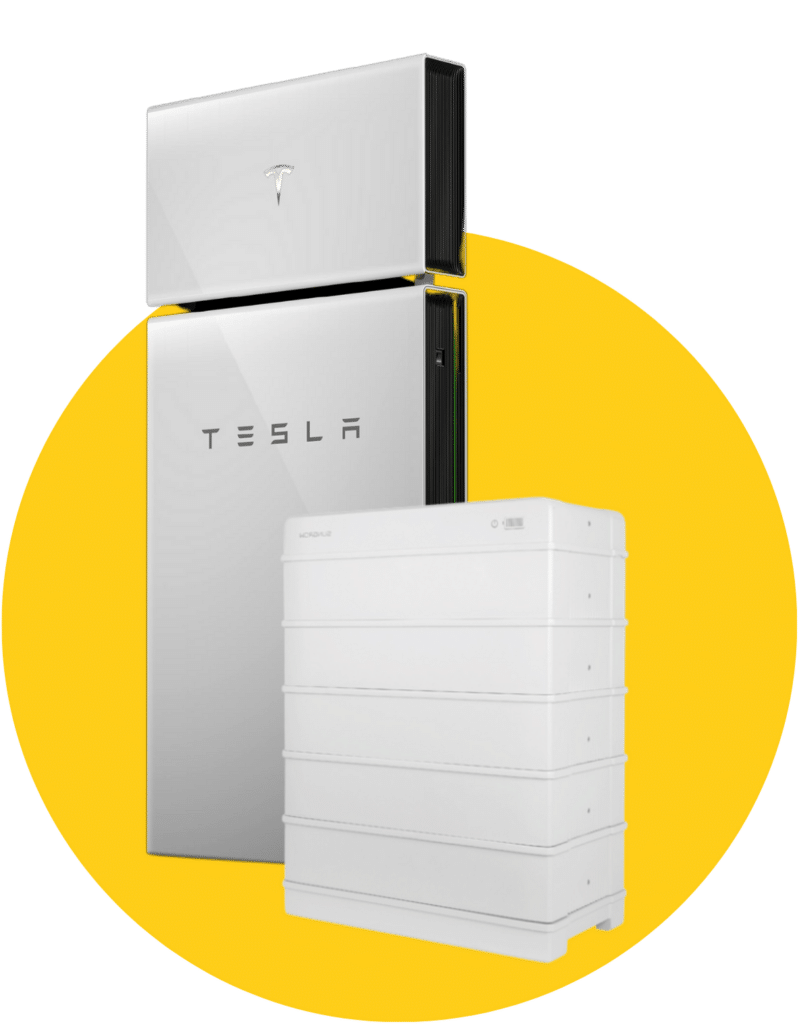 Tesla battery in front of a yellow circle and next to a white box